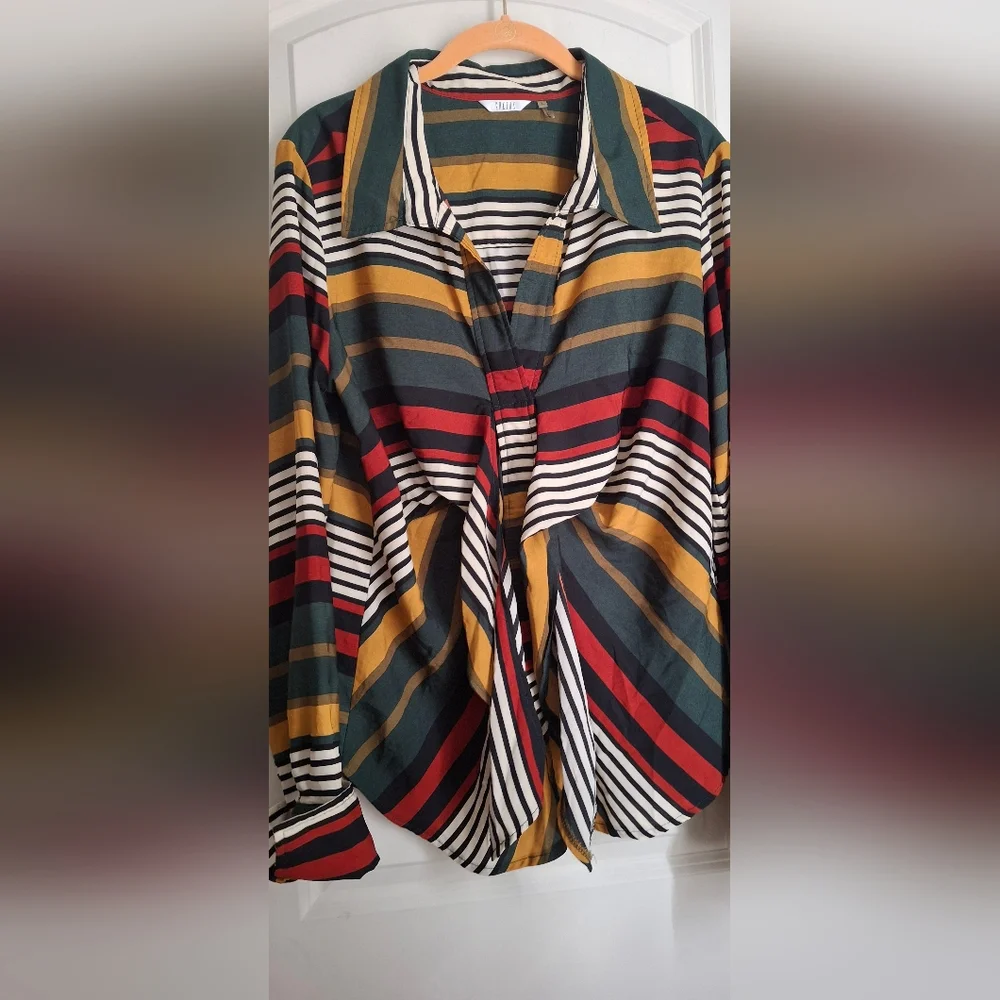 Kaktus Women’s Top Striped Tie Front Blouse size L boho hippie western profesion - Picture 4 of 4